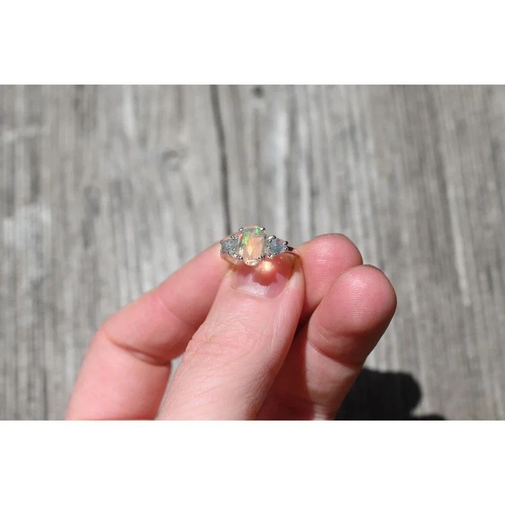 Engagement ring Opal & Montana Sapphire Ring in Sterling Silver – Unique Fire Pl